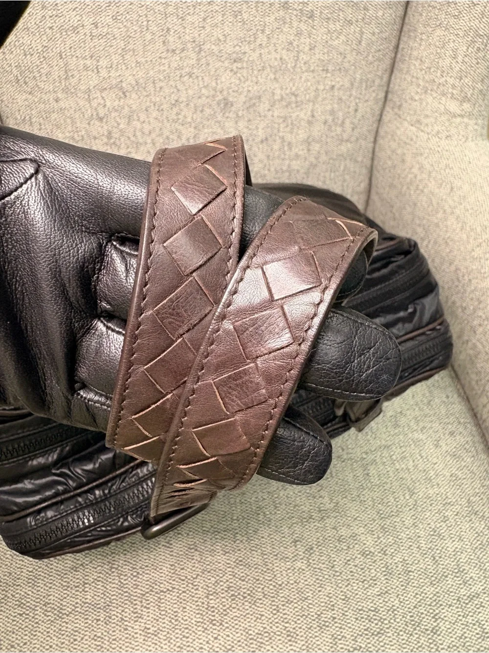 Bottega Veneta Unisex Black Nylon Briefcase Tote with Brown Leather Straps
